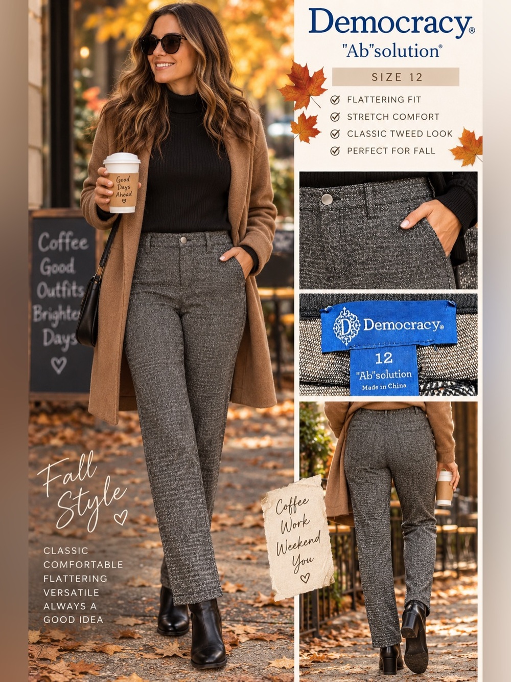 Democracy Ab Solution Herringbone Straight Leg Pants Size 12 Gray Black Brown